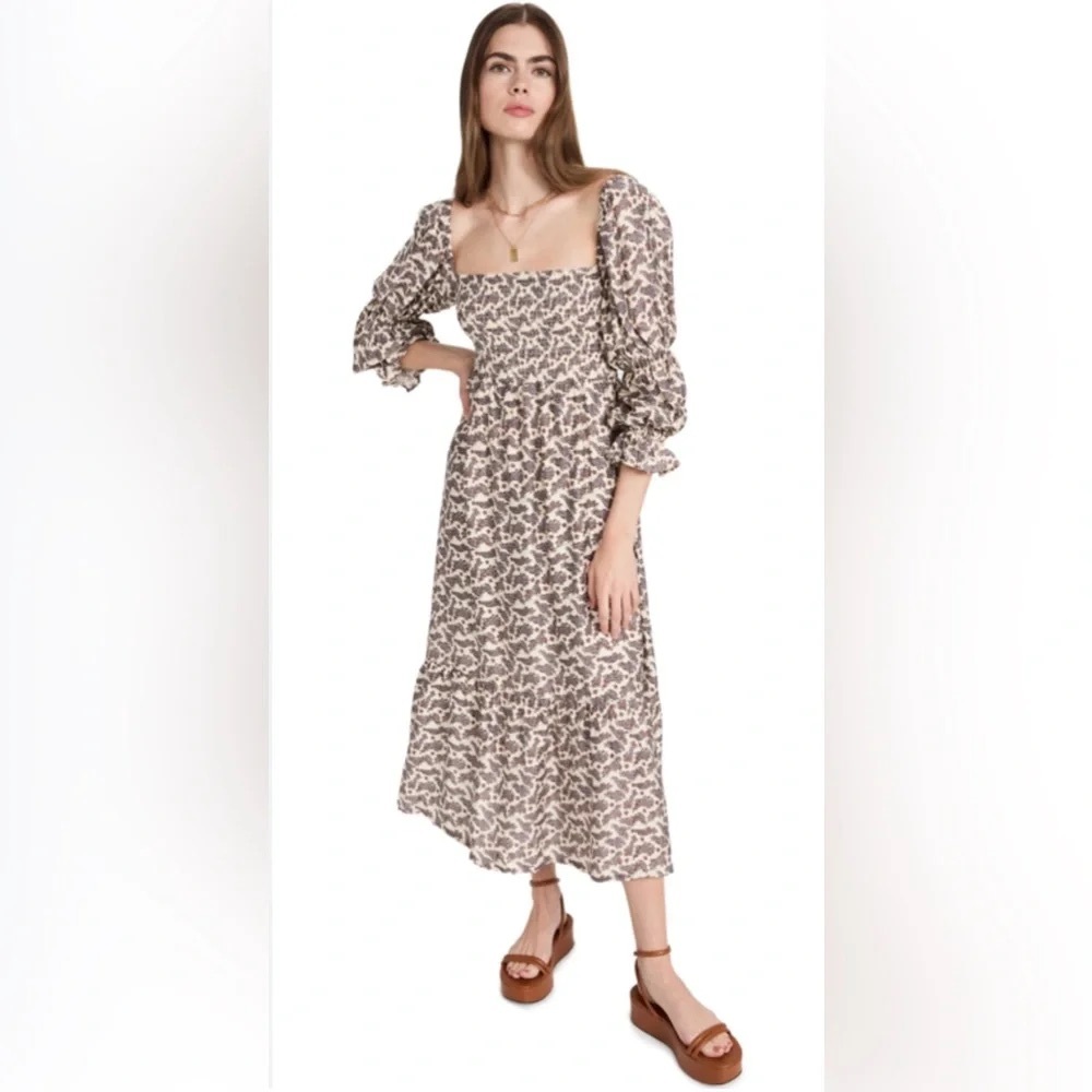 Smocked Square-Neck Midi Dress in Cream with Gray Floral Print - Picture 8 of 8